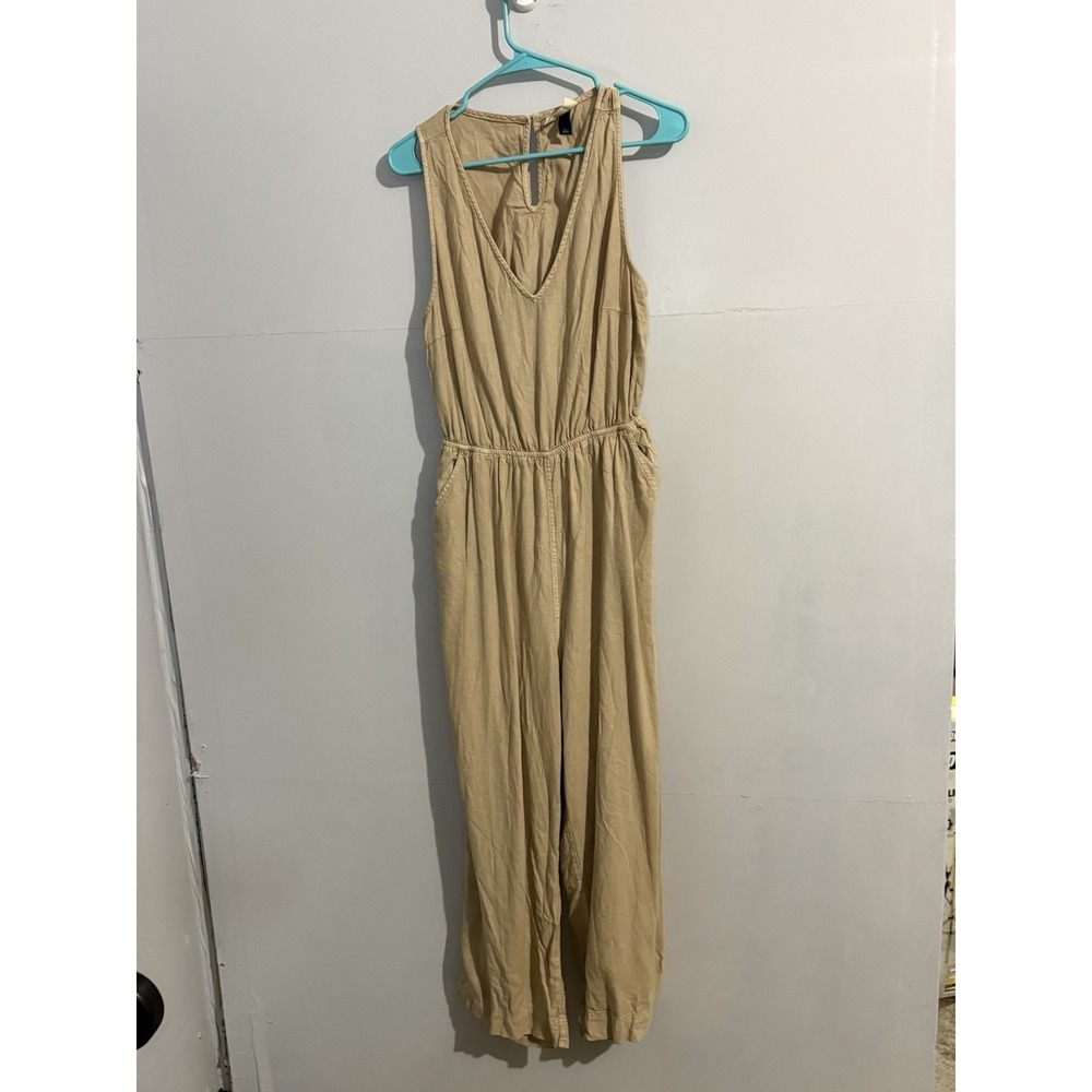 Universal Threads Linen Blend Tan V-Neck Key Hole Back Jumpsuit Womens Sz L